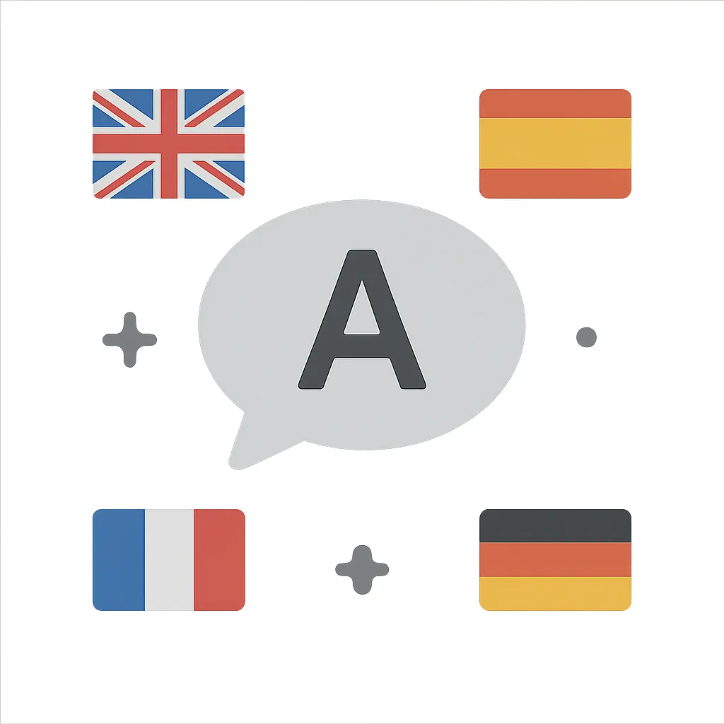 Multilingual audio guide icon for English, Spanish, French, and German